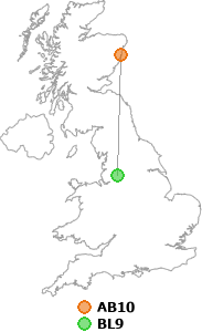 map showing distance between AB10 and BL9