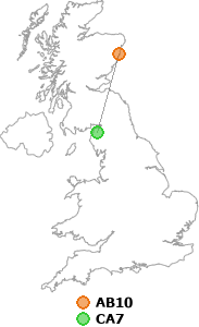 map showing distance between AB10 and CA7
