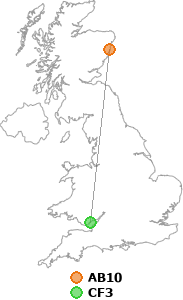 map showing distance between AB10 and CF3