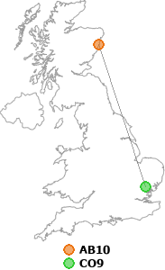 map showing distance between AB10 and CO9
