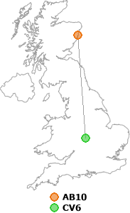 map showing distance between AB10 and CV6