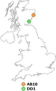 map showing distance between AB10 and DD1