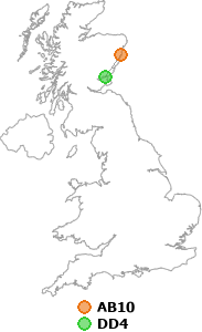 map showing distance between AB10 and DD4