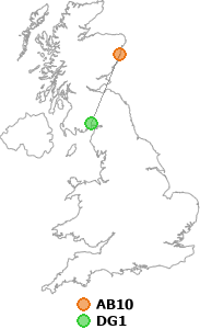 map showing distance between AB10 and DG1