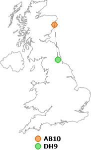 map showing distance between AB10 and DH9