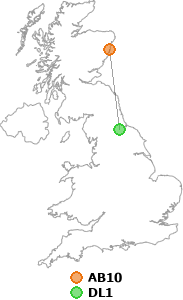 map showing distance between AB10 and DL1