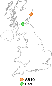 map showing distance between AB10 and FK5