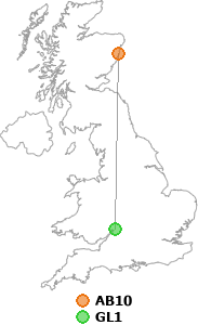 map showing distance between AB10 and GL1