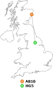 map showing distance between AB10 and HG5