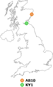 map showing distance between AB10 and KY1