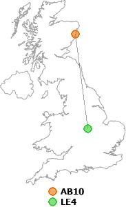 map showing distance between AB10 and LE4
