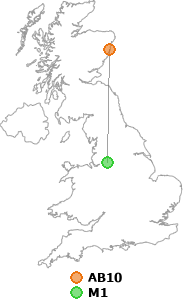 map showing distance between AB10 and M1