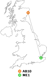 map showing distance between AB10 and ME1