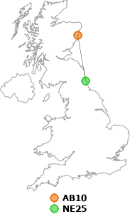 map showing distance between AB10 and NE25