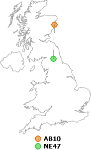 map showing distance between AB10 and NE47