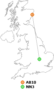 map showing distance between AB10 and NN3