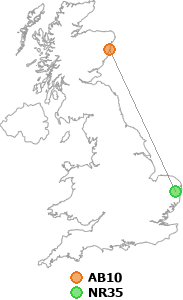 map showing distance between AB10 and NR35