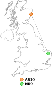 map showing distance between AB10 and NR9