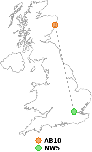 map showing distance between AB10 and NW5