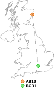 map showing distance between AB10 and RG31