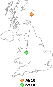 map showing distance between AB10 and SY10