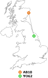 map showing distance between AB10 and YO62