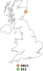 map showing distance between AB11 and ZE2