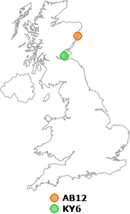 map showing distance between AB12 and KY6