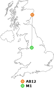 map showing distance between AB12 and M1