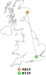 map showing distance between AB15 and KT19