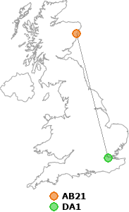 map showing distance between AB21 and DA1