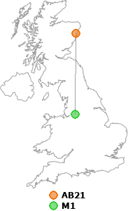 map showing distance between AB21 and M1