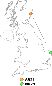 map showing distance between AB21 and NR29