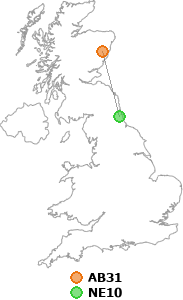 map showing distance between AB31 and NE10