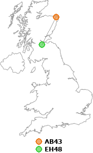 map showing distance between AB43 and EH48