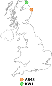 map showing distance between AB43 and KW1