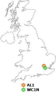 map showing distance between AL1 and WC1N