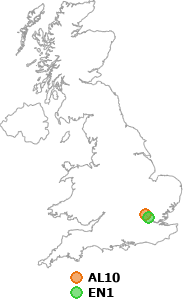map showing distance between AL10 and EN1
