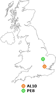 map showing distance between AL10 and PE8