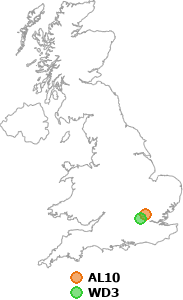 map showing distance between AL10 and WD3