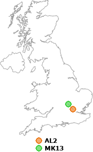 map showing distance between AL2 and MK13