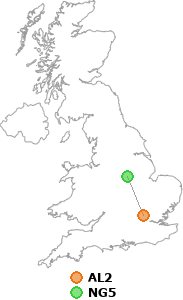 map showing distance between AL2 and NG5