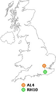 map showing distance between AL4 and RH10
