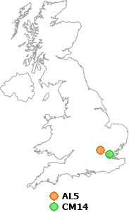 map showing distance between AL5 and CM14