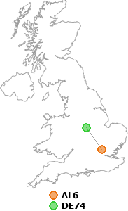 map showing distance between AL6 and DE74