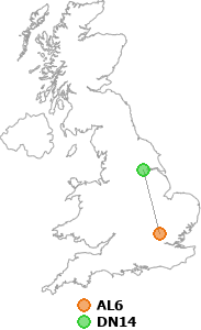 map showing distance between AL6 and DN14