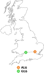 map showing distance between AL6 and GL6