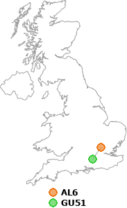 map showing distance between AL6 and GU51