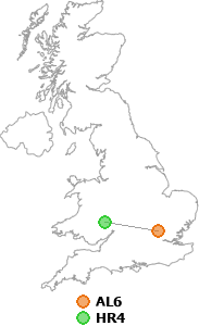 map showing distance between AL6 and HR4