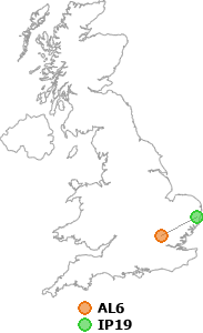 map showing distance between AL6 and IP19